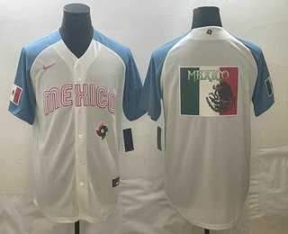 Mens Mexico Baseball 2023 White Blue World Big Logo Classic Stitched Jerseys
